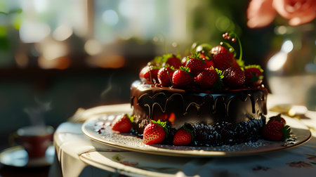 Chocolate cake with strawberries on the table. Selective focus.の素材