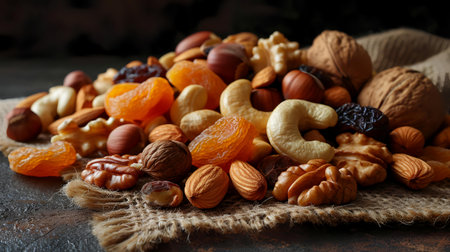 Mix of nuts and dried fruits on a dark background. Selective focus.の素材