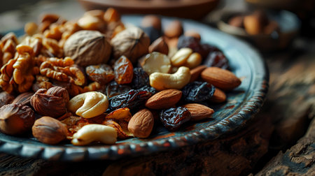 Mix of nuts in a plate on a wooden background. Selective focus.の素材