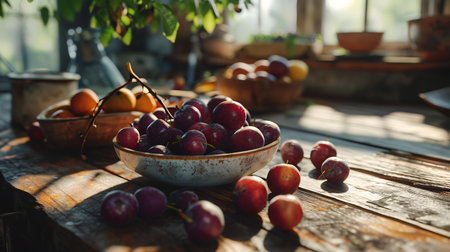 Bowl with plums on wooden table in garden, selective focusの素材
