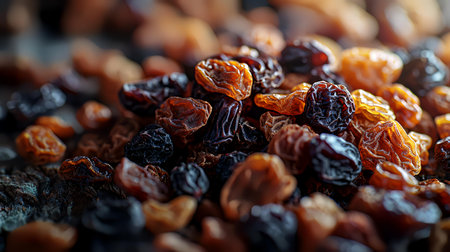 Mix of raisins on dark wooden background. Selective focus.の素材