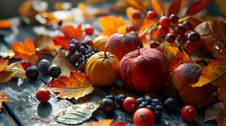 Autumn still life with pumpkins, berries and leaves on wooden backgroundの素材