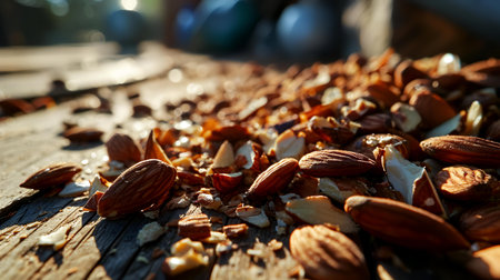 Almond nuts on a wooden table. Selective focus and shallow depth of field.の素材