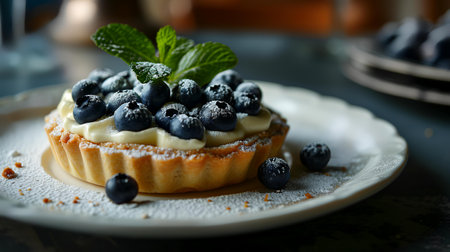 Blueberry tart with whipped cream and fresh berries on a plate.の素材