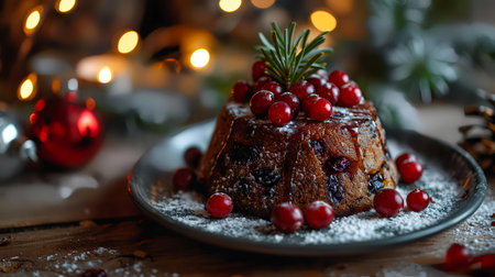 Chocolate bundt cake with cranberries and icing sugar on a rustic wooden background.の素材