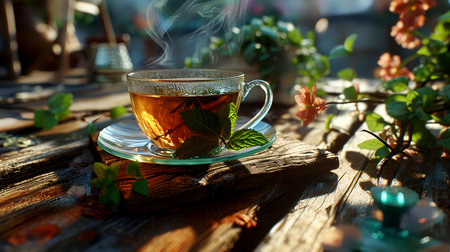 Cup of tea with mint on a wooden table in the gardenの素材