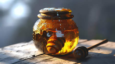 Honey in jar on wooden table against blurred background, closeupの素材