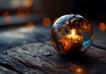 globe with christmas lights and bokeh on wooden backgroundの素材