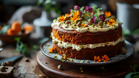 Chocolate cake with marigold flowers and pistachios, selective focusの素材