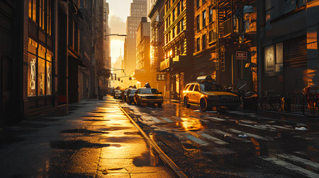 Street view of New York City at sunset, USA. Long exposure.の素材