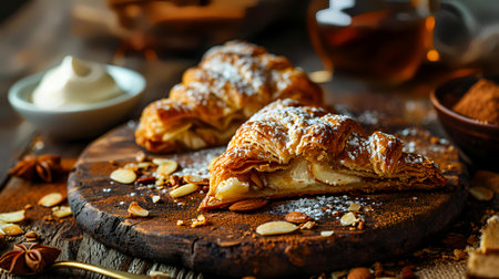 Homemade apple strudel with cinnamon and nuts on a wooden boardの素材