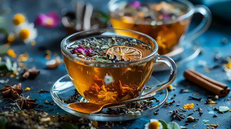 Cup of herbal tea with dried flowers on dark blue background.の素材