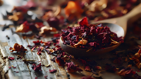 Dry tea leaves in a wooden spoon on a rustic backgroundの素材