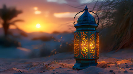 Lantern in the desert at sunset. Ramadan Kareem backgroundの素材
