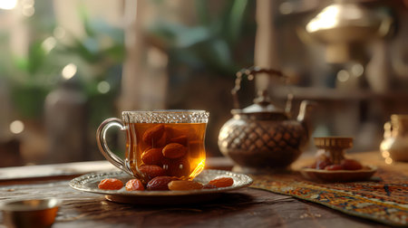 Cup of tea with dried apricots on wooden table in roomの素材