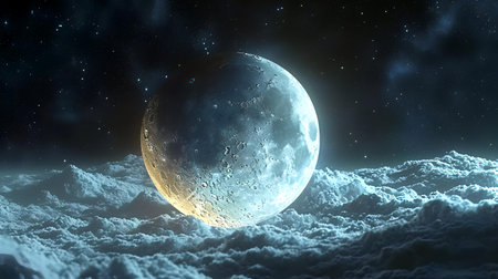 3D illustration of moon in the night sky with stars and cloudsの素材