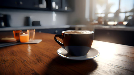 Coffee cup on the wooden table in coffee shop, stock photoの素材