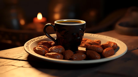 Cup of coffee and cookies on a wooden table in the darkの素材