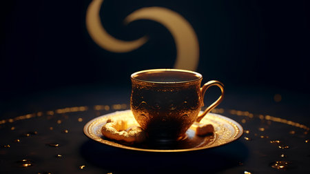 A cup of tea on the background of the crescent moon.の素材
