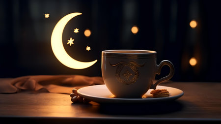 Cup of coffee and cookies on a wooden table at night.の素材