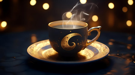 Cup of coffee with steam and bokeh lights on backgroundの素材