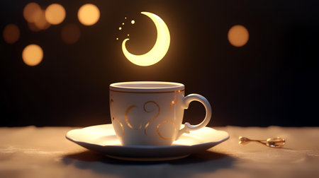 Coffee cup with moon and stars in the background. 3d renderingの素材