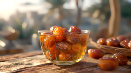 Bowl with tasty dates on wooden table in kitchen, closeupの素材