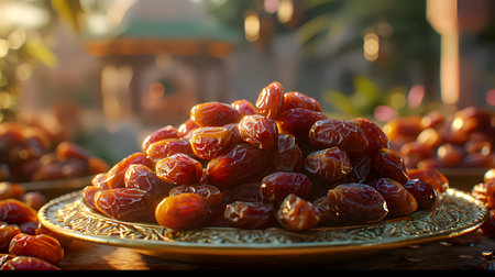 Dates fruit on a golden plate. The concept of Ramadan Kareem.の素材