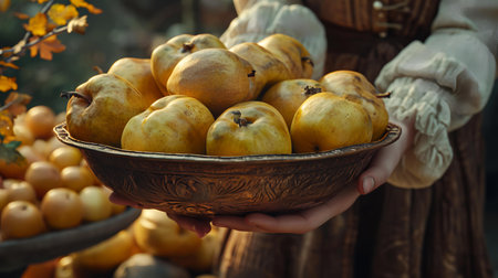 Ripe pears in a bowl in the hands of a woman. Autumn harvest.の素材