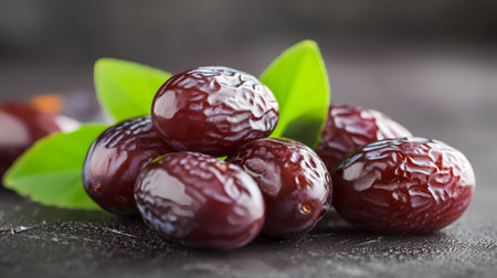 Fresh jujube fruits with green leaves on black background, closeupの素材