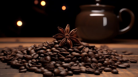 Coffee beans and anise star on wooden table with dark backgroundの素材