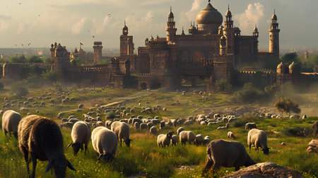 Sheep grazing in a meadow in front of the Taj Mahalの素材