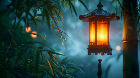 Lantern in the bamboo forest at night. Selective focus.の素材
