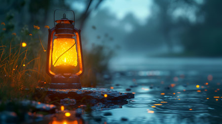 Lantern on the bank of the river in a foggy morningの素材