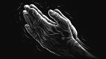 Illustration of a human hand on black background with copy space.の素材