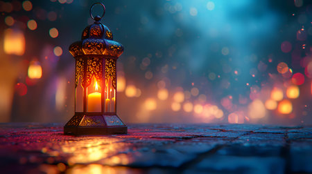 Lantern with burning candle on bokeh background. Ramadan Kareem backgroundの素材