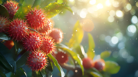Rambutan fruit on the tree with sunlight and bokeh backgroundの素材