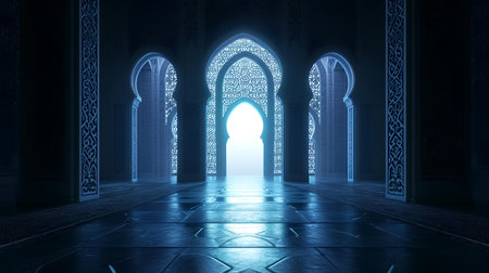 Futuristic arabic door with light. 3D renderingの素材