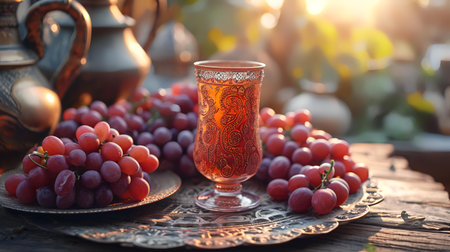 A glass of red grape juice on a wooden table in the gardenの素材