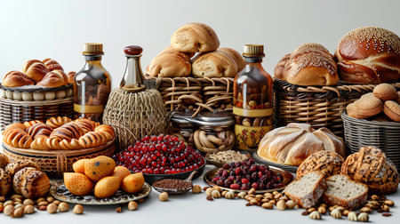 Composition with assorted bread products on light background. Baking concept.の素材