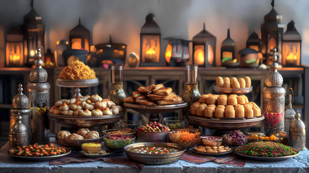 Traditional Arabic sweets on the table. Ramadan Kareem greeting card.の素材