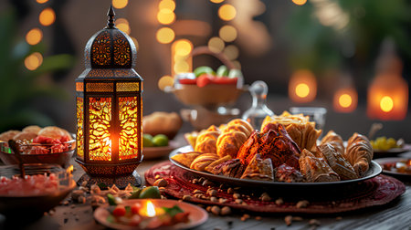Traditional Ramadan Kareem greeting card. Festive table setting with arabic lanterns and sweets.の素材