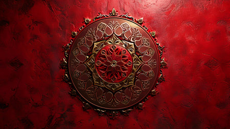 Illustration of a decorative ornament on a red textured background.の素材