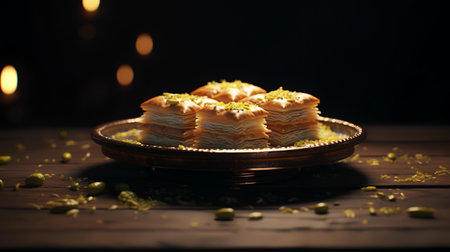 Baklava with pistachio on a wooden background.の素材