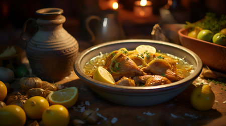 Chicken thighs with rice and lemon in a bowl on a wooden tableの素材