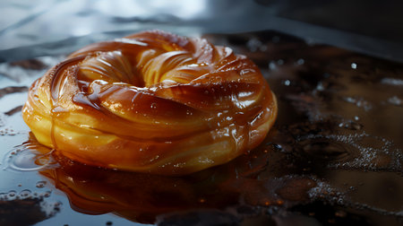 Delicious donut with caramel on dark background, closeup viewの素材