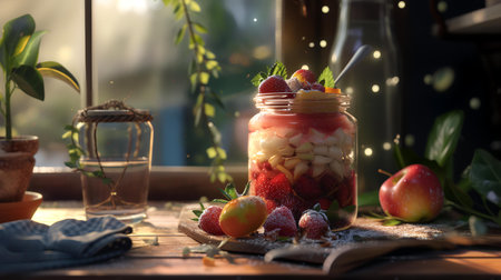 Strawberry mousse with fresh fruits in glass jar on wooden tableの素材