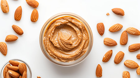 Almond butter in bowl on white background. Top view. Copy space.の素材