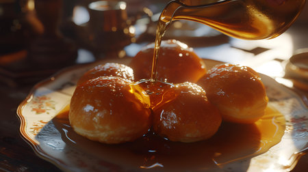 Pouring honey onto buns, close-up, selective focusの素材