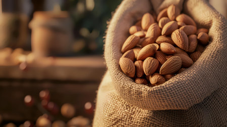 Almond nuts in a bag on a wooden background. Selective focus.の素材